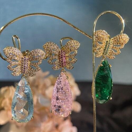 Multicolor Crystal Zircon Large Drop Earrings for Women Exquisite Butterflry Dangle Long Earrings High Quality Trend Jewelry