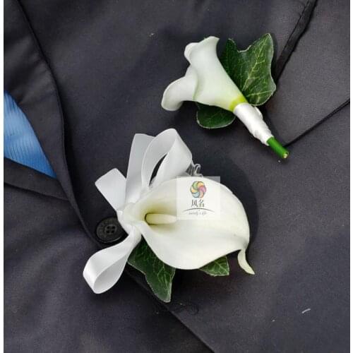 Handmade Corsages White PU Calla Lily Artificial Flower Wedding Supplies Groom Boutonniere Bride Bridesmaid Hand Wrist Flower