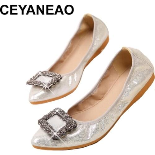 CEYANEAO Womens shoes in 2019 ballet shoes on a flat sole with a pointed toe and metal jewelry, fashionable casual shoes