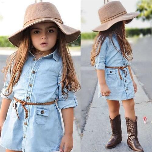 Baby Kids Girl Denim Short Mini Dress Jean Long Sleeve Casual Party Shirt Dress