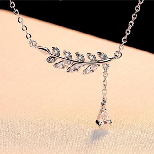 925 Sterling Silver Elegant Tree Branch Leaves Tassel Pendant Necklace With Cubic Zircon For Women Jewelry S-N227