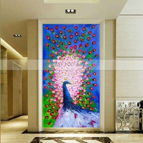 High quality Handpainted Modern Animal Peacock Oil Painting on Canvas Beautiful Peacock Spreads Tail Feathers knife Oil Painting