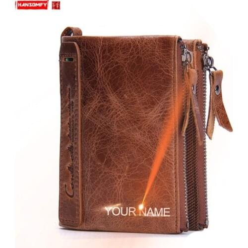 Genuine Leather Mens Wallet Short Clutch Bag Fashion Card Holder Coin Purses Male Double Zipper Wallets Crazy Horse Leather Men