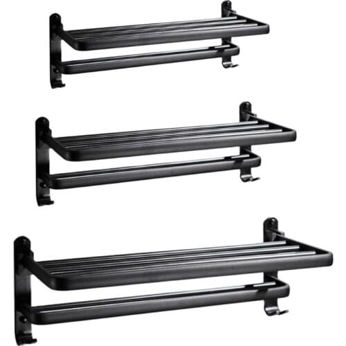 Space Aluminum Black Towel Rack Wall Mounted Folding Towel Holder Storage Shelf with Hook Bathroom Accessories