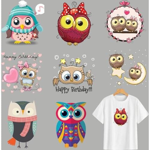 Cute Small Owls Badges Transfers Appliqued Fashion Heat Transfer Vinyl Tops Diy Parches Cartoon Pattern Stickers