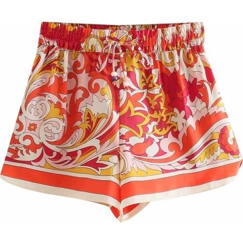 ZXQJ Women 2021 Fashion Totem Print Side Vents Shorts Vintage High Elastic Waist Drawstring Female Short Pants Mujer