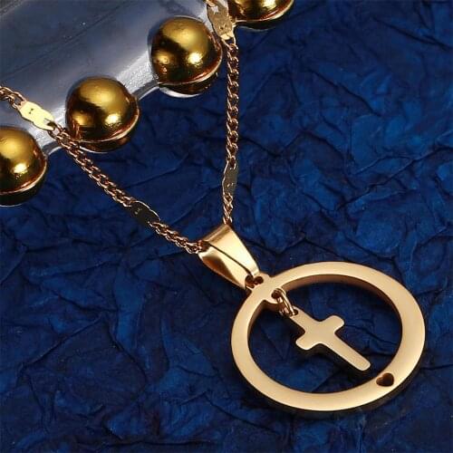Stainless Steel Round Cross Jesus Pendant Necklace Trendy Heart Cross Chain Jewelry