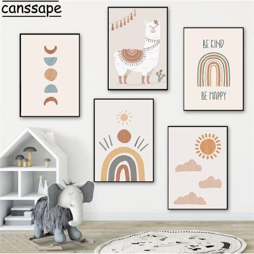 Nordic Wall Art Print Alpaca Poster Sun Cloud Prints Rainbow Canvas Painting Boho Wall Paintings Baby Kids Bedroom Decoration