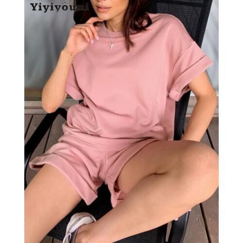Yiyiyouni Summer Loose Tracksuits 2 Piece Set Women Short Sleeve T-shirt and Short Pants Suits Women Casual Solid Tracksuit 2021