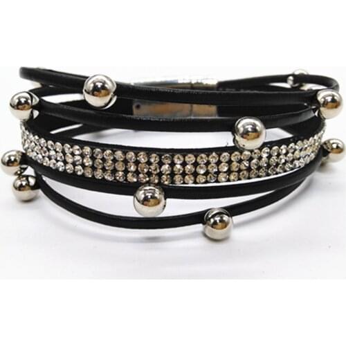 Rhinestone Pink Black Beads Multilayer Statement Trendy Leather Bracelets Women Fashion Girl Cuff Bangle Female Jewelry