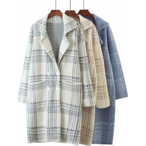 Mid-Length Imitation Mink Velvet Sweater Cardigan Womens 2020 Autumn Winter Fashion New Loose Knit Check Sweater Trend 155