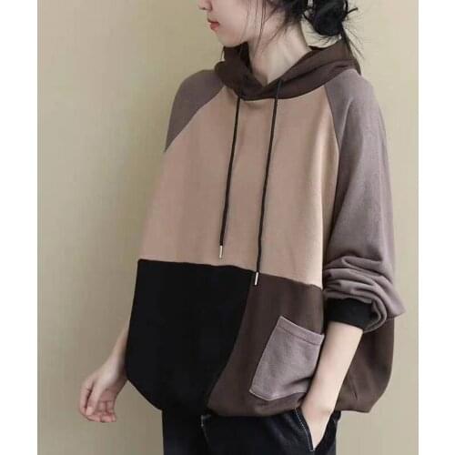 Women Spring High Sleeve Drawstring Hooded Sweatshirt Office Lady Vintage Contrast Color Patchwork Oversized Casual Loose Tops