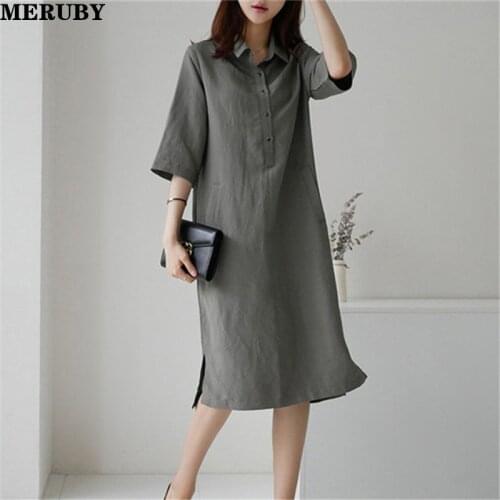 Korean Solid Shirt Dress Women Half Sleeve Turn-down Collar Split Dresses Vintage Casual Fashion Female Vestidos Mujer