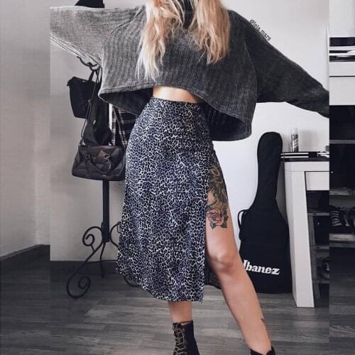 Sexy Leopard Flower Print Skirts High Waist Stretch Split Midi Skirts 2021 Summer New Slim Street Style A-line Skirt