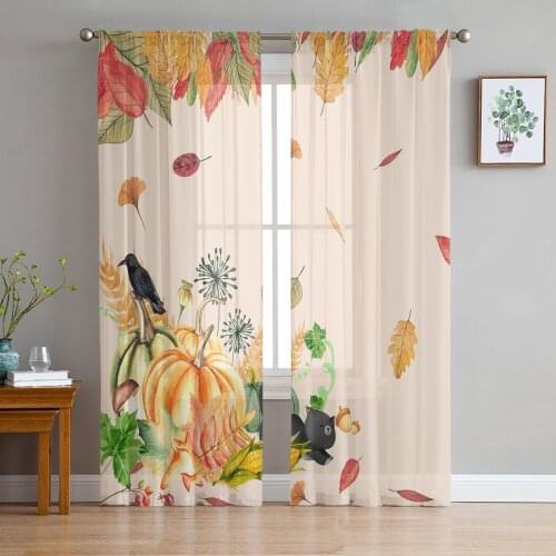 Fruit Maple Leaf Crow Cat Tulle Curtains for Living Room Decoration Modern Chiffon Sheer Voile Kitchen Curtain