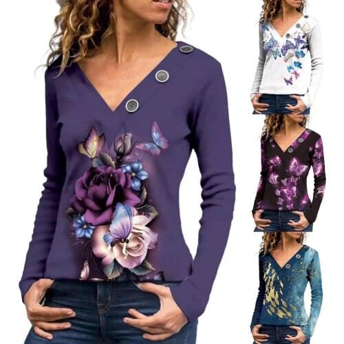 Women Blouse Butterflies Print Long Sleeve Shirts Autumn Casual V Neck Slim Blouses Buttons Decor Tunic Top Streetwear Plus Size