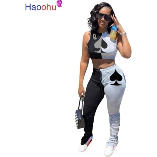 HAOOHU Patchwork Women Set Two Pieces Set Tracksuit Spade Q Poker Card Tops Stacked Jogger Sweatpant Suit Outfit Matching Set