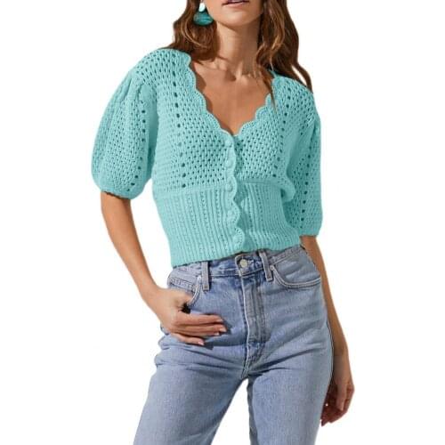 Women Sweater Hollow Out Puff Sleeve Autumn Solid Single-breasted V Neck Knitted Top Puff Sleeve Single-breasted Short Sweater