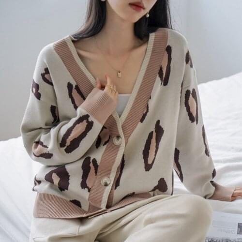 Autumn 2021 Korean Fashion Oversize Women Cardigan Sweater Tracksuits Leopard Knitted Jumper Suits Harem Pants Two Pieces Sets