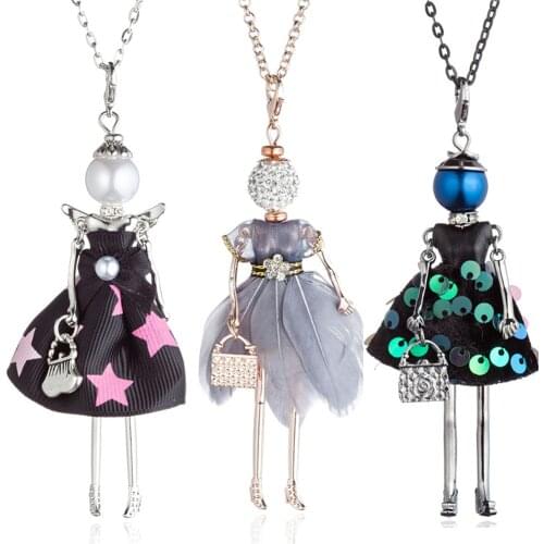 HOCOLE Fashion Dress Doll Necklaces For Women Handmade Sequins Crystal Girls Doll Long Chain Pendant Necklace Jewelry Wholesale