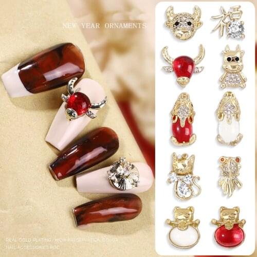 1pc Year of The Ox Jewelry 3D Nail Charm Alloy Nail Art Rhinestones Zircon Pearl Metal Manicure DIY New Year 2021 Nails Decor