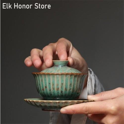 100ML Japanese Style Retro Green Kiln Fambe Coarse Pottery Gaiwan Temmoku Glaze Ceramic Kung Fu Tea Tureen Tea Bowl Drinkware