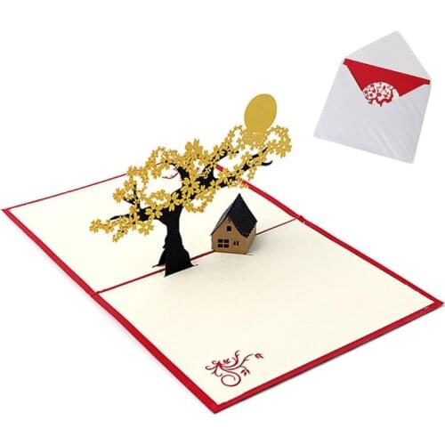 3D Pop UP Holiday Greeting Cards Cherry Tree House Christmas Thanksgiving Gift
