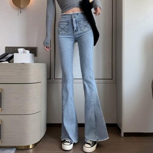 Harajuku Flare Pants Woman Jeans Ripped Vintage Jeans For Women Slim Fit High Waist Elastic Skinny Denim Trousers Streetwear