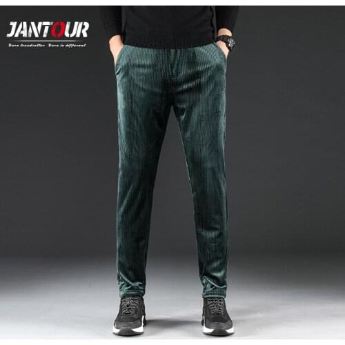 2020 New Mens Corduroy Casual Pants Business Fashion Solid Straight Regular Fit Trousers Male Black Green Gray Men Clothing