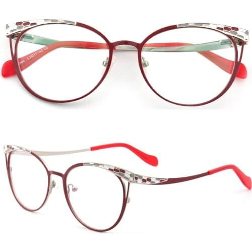 Women Cat Eye Glasses frames for Women Round Optical Eyeglass Frames Metal Retro Stainless Steel Prescription Spectacles Red
