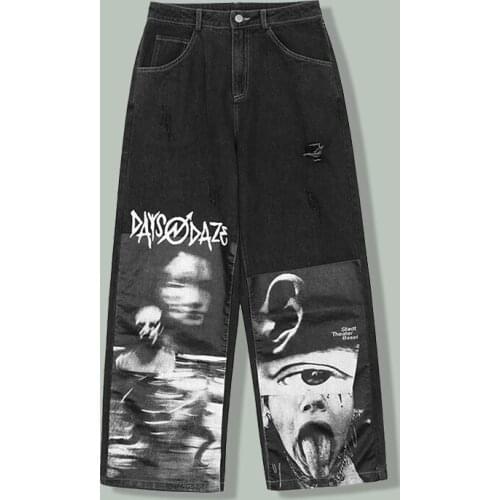 Hip Hop Demon One-eyed Man Water Wash Print Jeans Mens Harajuku Straight Streetwear Loose Wide Leg Pants Summer Jogger Trousers