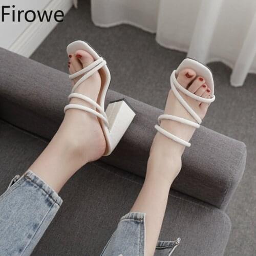 Firowe Women Fashion Shoes Chunky Heel Slippers Mules Shoes Women Square Summer Slides Ladies Shoes White Zapatillas De Mujer