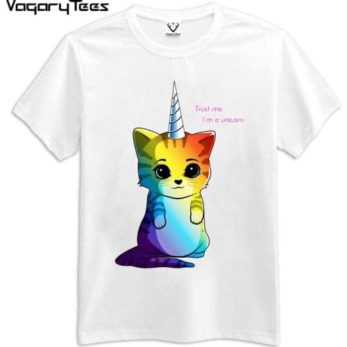 Kawaii Rainbow Horse Cat Printed T Shirt Men women Summer Animal T-shirt Short Sleeve Harajuku Femme tshirt White Tee Tops