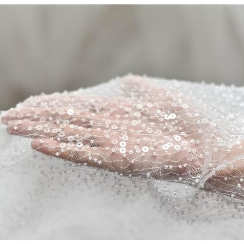 Luxiry 130*50cm sequin beaded tulle Lace Fabric for wedding dress French African sequins embroidery laces fabrics off white lace