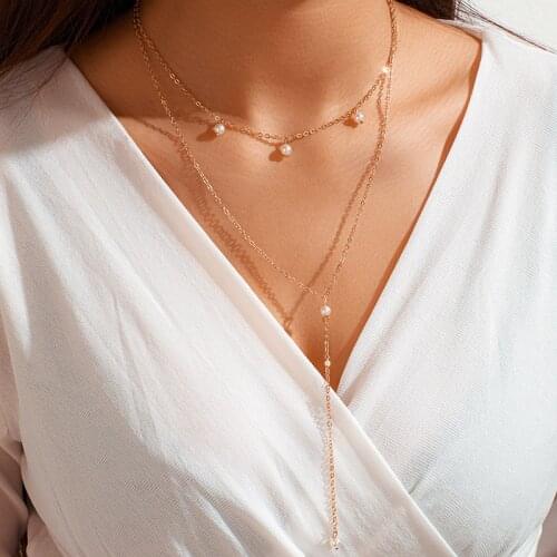 Multi Layer Pearl Pendant Necklace For Women Charming Wedding Gold Long Chain Necklaces Elegant Party Jewelry Gift