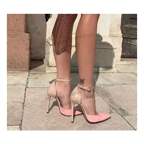 Moraima Snc Nude Pink Leather Patchwork High Heel Shoe Pointed Toe Ankle Strap Woman Pumps Thin Heels Party Dress Shoe