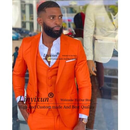 Bright Orange Notch Lapel Men Suits 3 Pcs Costume Homme Wedding Dress Tuxedos Terno Masculino Slim Fit Groom Prom Party Blazer