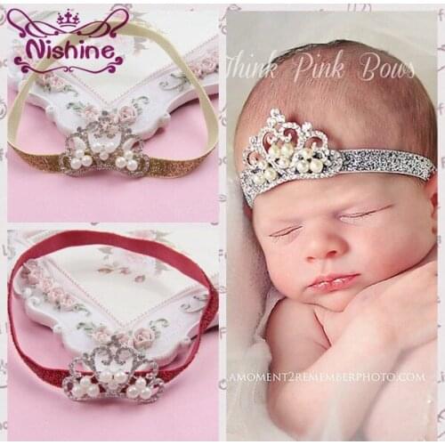 Nishine Newborn Pearl Crown Headband Kids Tiara Hairband Birthday Gift Party Hair Accessories Photography Props
