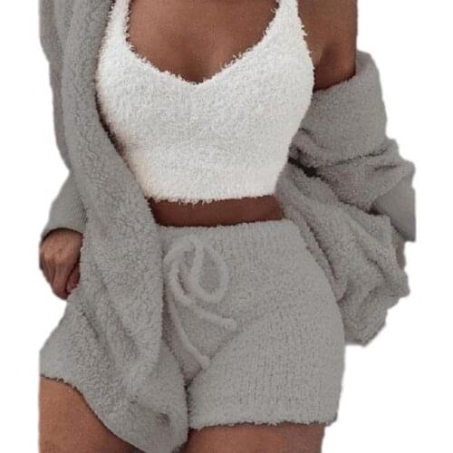 New 3-Pieces Women Pajamas Set Autumn Winter Women Plush Sexy V-Neck Vest Shorts Long Sleeve Jacket Coat Set Casual Home Clothes
