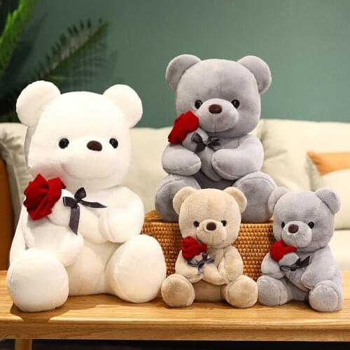 23/35/45CM Creative New Soft Stuffed Bear With Rose High Quality Super Soft Animals Dolls Home Decor For Valentines Day Gifts
