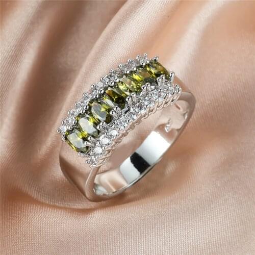 Single Row Olive Green Zircon Ring Small Oval Stone Rings For Women Wedding Jewelry Vintage Fashion Silver Color Birthstone Ring