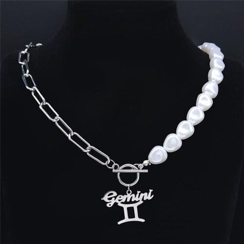 Stainless Steel Imitation Pearls Gemini Punk Necklaces Charm Women Astrology Necklace Jewelry collier acier inoxydable NXS03