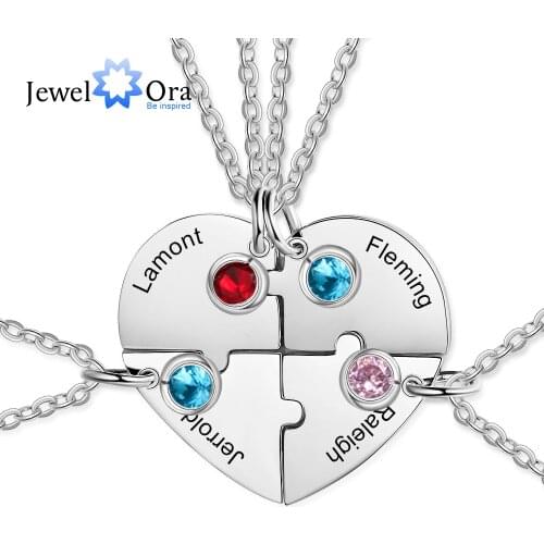 Personalized Stainless Steel Heart Shaped Friendship Necklace with Birthstone Customized Engrave Name BFF Necklace for 4 Friends