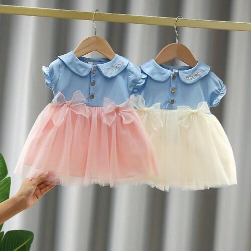 Summer Girls Kids Princess Sweet Dress Children Baby Infants Short Sleeve Bow Mesh Patchwork Sundress Dresses Vestidos S12362