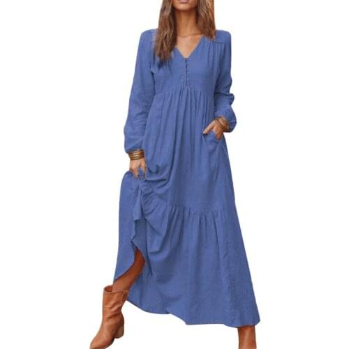 Hot apparel Elegant Dress Summer Vintage Solid Color Cotton Linen V Neck Long Sleeve Kaftan Women Maxi Dress