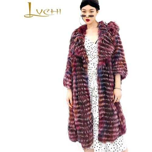 LVCHI 2019 New Update Winter Real Fur Coats Natural Fox Fur Coat Womens Turn-Down Collar Striped Medium Waving Fox Fur Coats