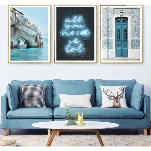 Modern Seaside Landscape Beach Rock Waves Door Text Canvas Spray Color Painting Wall Picture Print Poster Living Room Decoration