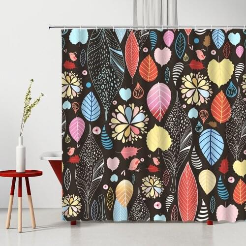 3D Color Flowers Leaves Shower Curtains Set Retro Abstract Art Black Backdrop Bathroom Polyester Bath Curtain Home Bathtub Decor