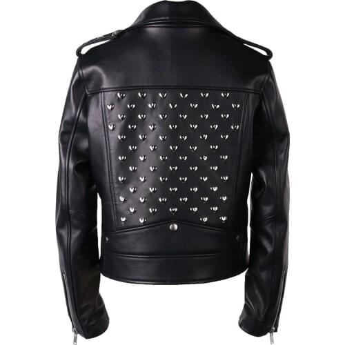 YOLOAgain women genuine leather jacket ladies heart rivet real sheepskin leather jacket