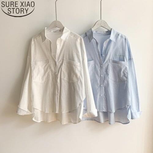 New White Shirts for Women Summer Autumn Turn-down Collar Double Pocket Office Lady Blouses Cotton Linen Tops Mujer Shirt 16307